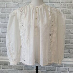 Apricot Broderie Pleat Lace Grandad Collar Oversized Blouse NEW S Cottage